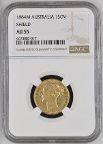 1884 M Gold Sovereign Shield NGC AU 55