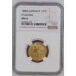 1880 S Gold Sovereign St George; WW Buried. Long Tail. Small B.P. NGC MS 61