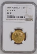 1880 S Gold Sovereign St George; WW Buried. Long Tail. Small B.P. NGC MS 61