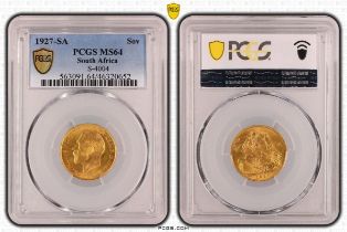 1927 SA Gold Sovereign PCGS MS64