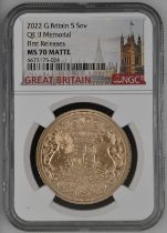 2022 Gold 5 Pounds (5 Sovereigns) Queen Elizabeth II Memorial Matte BU NGC MS 70 MATTE Box & COA