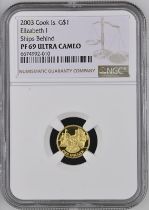 Cook Islands Elizabeth II 2003 Gold 1 Dollar Elizabeth I Ships behind Single Finest NGC PF 69 ULTRA