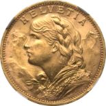 Switzerland, 1930 Gold 20 Francs, Vreneli, NGC MS 65