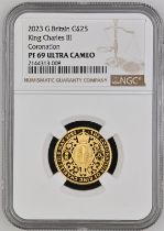 2023 Gold 25 Pounds (1/4 oz.) Coronation of King Charles III Proof NGC PF 69 ULTRA CAMEO