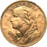 Switzerland, 1930 Gold 20 Francs, Vreneli, NGC MS 64