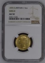 1874 Gold Sovereign Shield NGC AU 50