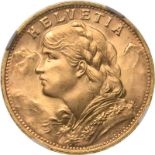 Switzerland, 1947 Gold 20 Francs, Vreneli, NGC MS 65+