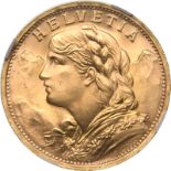 Switzerland, 1935 L Gold 20 Francs, Vreneli, NGC MS 65