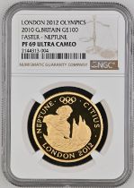 2010 Gold 100 Pounds (1 oz.) London 2012 Faster Neptune Proof NGC PF 69 ULTRA CAMEO