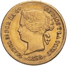 Spain: Philippines Isabella II 1868 Gold 1 Peso Good very fine, fine scratches