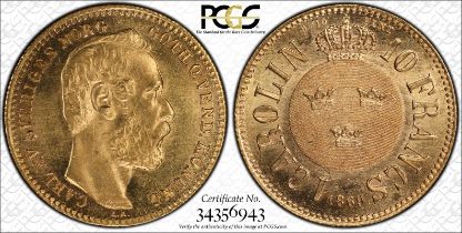 Sweden Karl XV 1869 Gold 10 Francs / 1 Carolin PCGS MS65