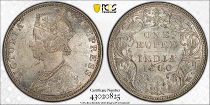 India: British Victoria 1900 B incuse Silver 1 Rupee PCGS MS62