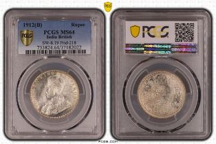 India: British George V 1912 B Silver 1 Rupee PCGS MS64