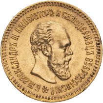 Russia: Empire Alexander III 1887 АГ Gold 5 Roubles About extremely fine
