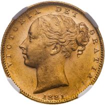 1881 M Gold Sovereign Shield Ex. Bentley NGC MS 63