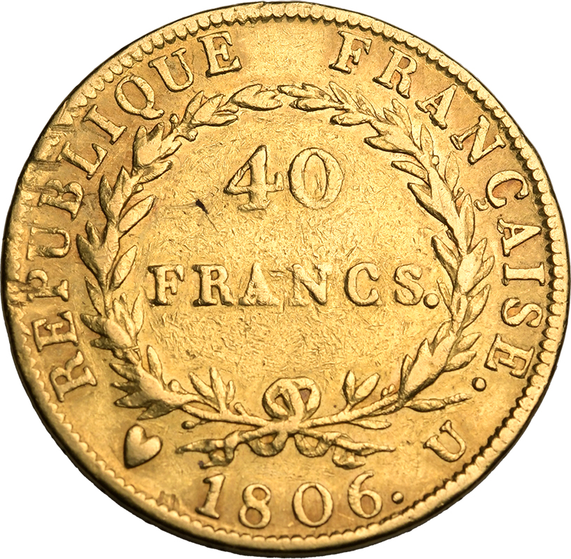 France Napoleon I 1806 U Gold 40 Francs Very fine - Image 2 of 2