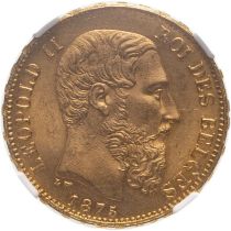 Belgium Leopold II 1875 Gold 20 Francs NGC MS 66