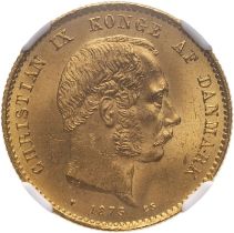 Denmark Christian IX 1873 HC/CS Gold 20 Kroner NGC MS 65