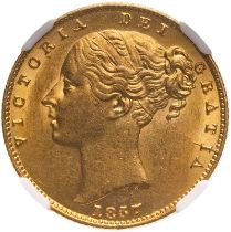 1857/5 Gold Sovereign 7 over 5 Single Finest NGC MS 61