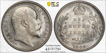 India: British Edward VII 1903 B Silver 1 Rupee PCGS MS62