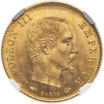 France Napoleon III 1857 A Gold 5 Francs Single Finest NGC MS 66+