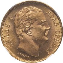 Serbia Milan I 1882 V Gold 10 Dinara Single Finest NGC MS 66