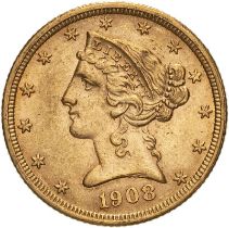 United States Half Eagle 1908 Gold 5 Dollars Extremely fine