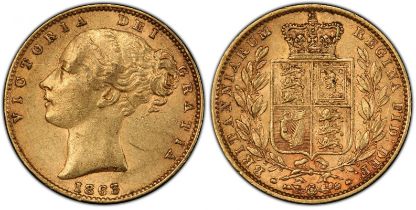 1863 Gold Sovereign No die number; Roman I PCGS AU53