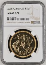 2005 Gold 5 Pounds (5 Sovereigns) Reworked St. George NGC MS 66 DPL Box & COA