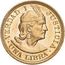 Peru 1917 Gold 1 Libra About uncirculated