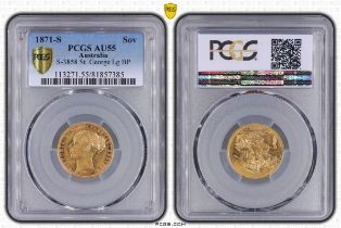1871 S Gold Sovereign St George; Short Tail. Large B.P. PCGS AU55