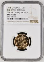 2015 Gold Sovereign Prince George birthday BU Struck on the Day NGC MS 70 DPL Box & COA