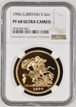 1996 Gold 5 Pounds (5 Sovereigns) Proof NGC PF 68 ULTRA CAMEO