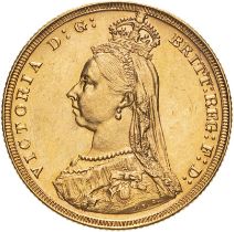 1887 M Gold Sovereign First Legend. Hooked J. DISH.M1 Extremely fine, light hairlines