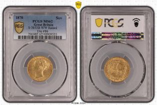 1870 Gold Sovereign WW raised PCGS MS62