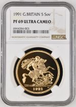 1991 Gold 5 Pounds (5 Sovereigns) Proof NGC PF 69 ULTRA CAMEO