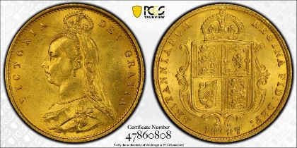 1887 Gold Half-Sovereign Imperfect J DISH L508 PCGS MS63