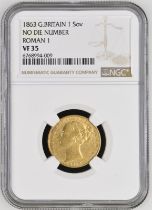 1863 Gold Sovereign No die number; Roman I NGC VF 35