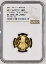 2017 Gold 25 Pounds (1/4 oz.) Unicorn of Scotland Proof NGC PF 70 ULTRA CAMEO