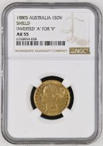 1880 S Gold Sovereign Shield; Inverted A for V NGC AU 55