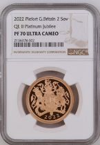 2022 Gold 2 Pounds (Double Sovereign) Platinum Jubilee Proof Pattern Piedfort NGC PF 70 ULTRA CAMEO
