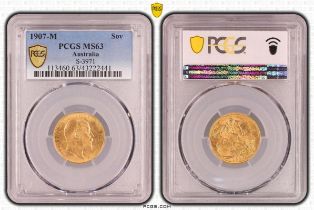 1907 M Gold Sovereign PCGS MS63