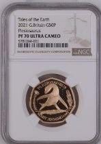 2021 Gold 50 Pence Plesiosaurus Proof Single Finest NGC PF 70 ULTRA CAMEO