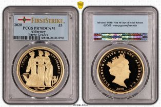 Alderney 2020 Gold 5 Pounds Three Graces Proof PCGS PR70 DCAM