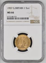 1957 Gold Sovereign Equal-finest NGC MS 66