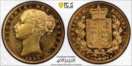 1880 S Gold Sovereign Shield PCGS AU58