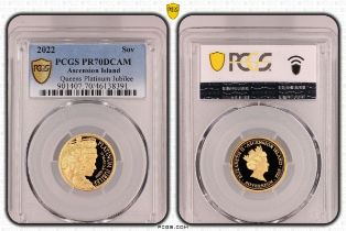 Tristan da Cunha: Ascension Island Elizabeth II 2022 Gold Sovereign Platinum Jubilee Proof PCGS PR70