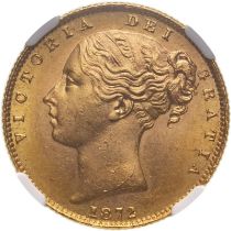 1872 Gold Sovereign Shield - die number NGC MS 64