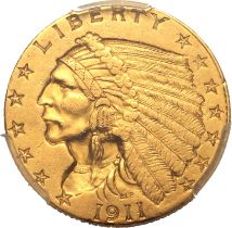 United States: Quarter Eagle Indian Head 1911 Gold 2 1/2 Dollars PCGS AU55