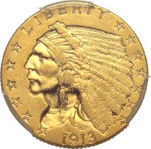 United States: Quarter Eagle Indian Head 1913 Gold 2 1/2 Dollars PCGS AU58